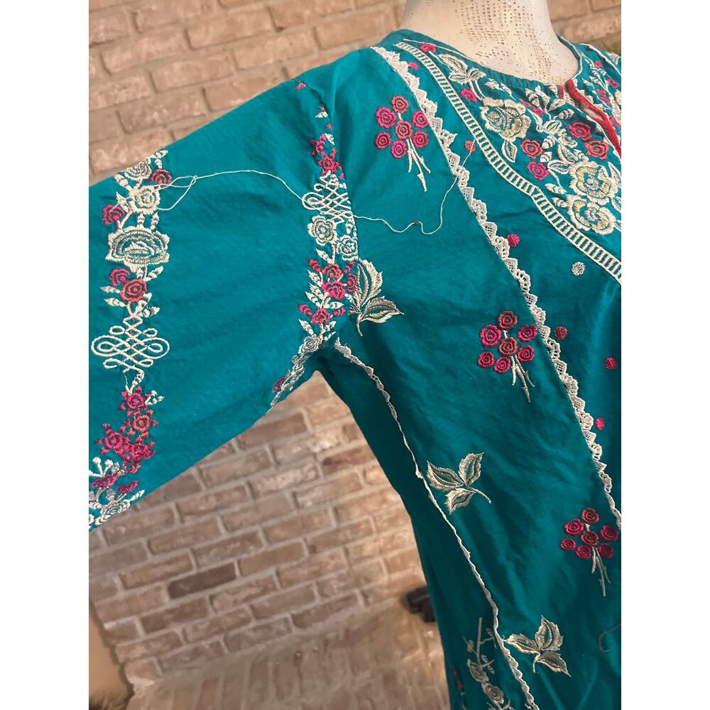 Embroidered Teal Floral Kurta Tunic Dress Lace Hem Boho Cottagecore - Picture 2 of 5